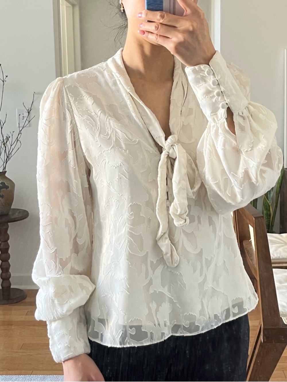 Alexis Ivory Sheer Tie-Neck Blouse